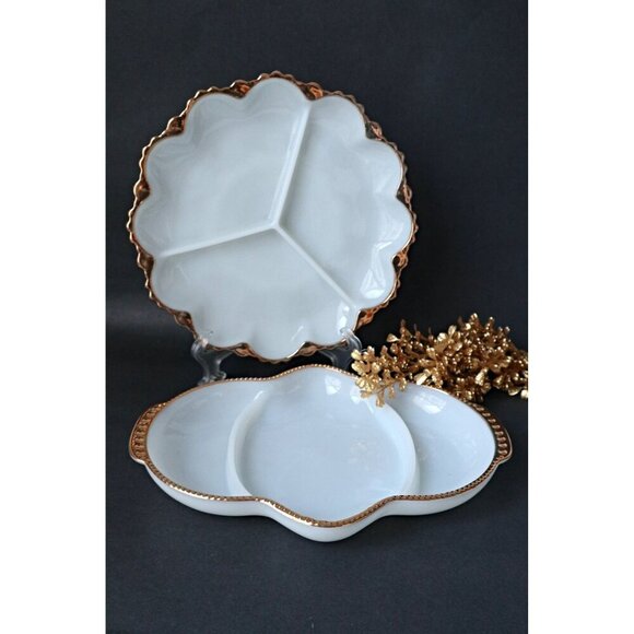 2 Vintage Fire King White Milk Glass and Gold Trim Anchor Hocking 3 Parts - Picture 2 of 6